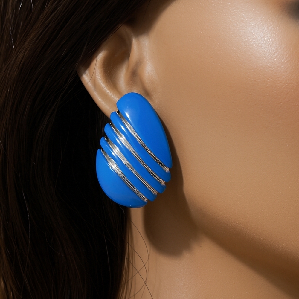 Bold Retro Blue & Silver Stripe Teardrop Earrings – Fashion Jewelry